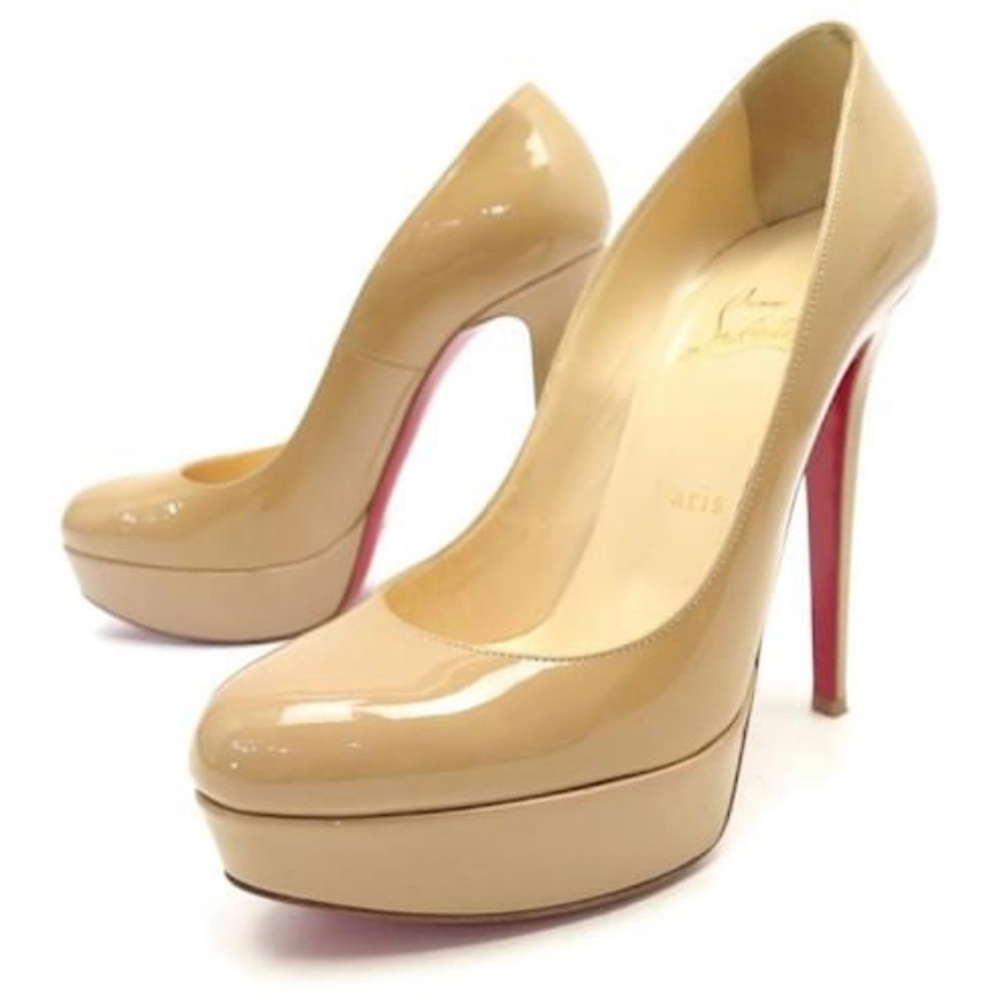 CHRISTIAN LOUBOUTIN Bianca Nude Beige Patent Platform Pumps Heels US 8.5 EU 38.5